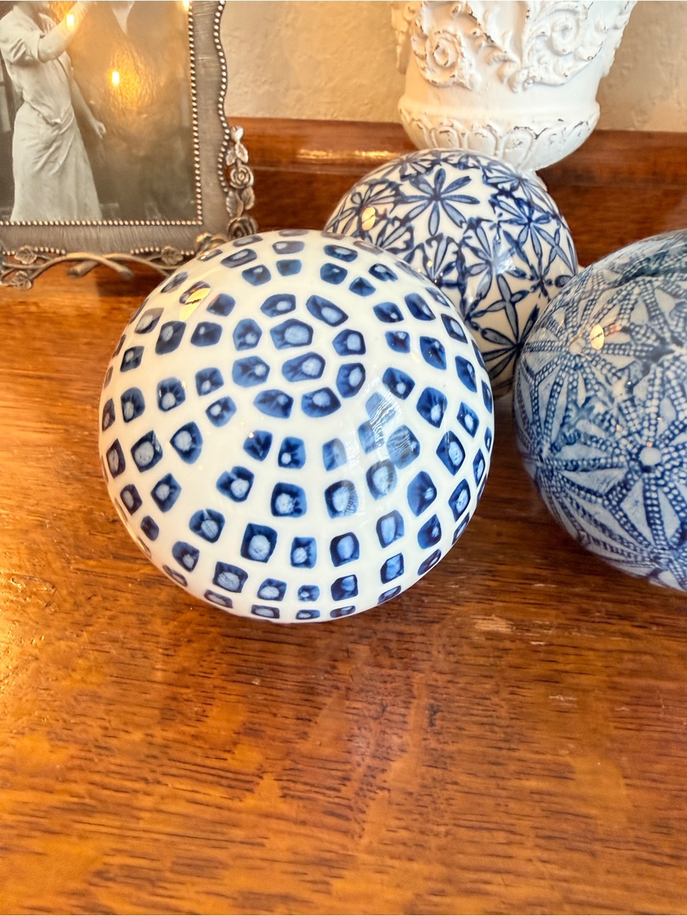 Blue & White Decorative Ceramic Spheres – Set of 3 - Picture 4 of 16